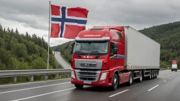 En lastebil som kjører på en motorvei med et norsk flagg i bakgrunnen