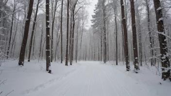 En skiløype i en snødekket skog.