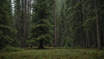 En stor, gammel gran som står alene i en skog.