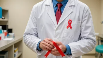 En person i en medisinsk lab-frakk holder et rødt bånd, som symboliserer kampen mot aids.