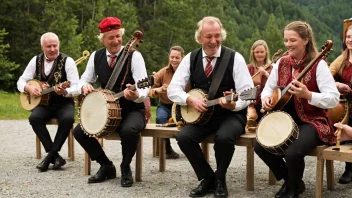 Et folkemusikkmiljø i Norge, med mennesker i alle aldre som spiller tradisjonelle instrumenter.