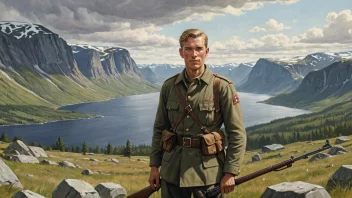 En norsk motstandskjemper i uniform, med en bestemt uttrykk, stående foran et norsk landskap under andre verdenskrig.