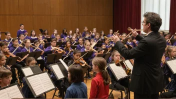 En skolekonsertordning med elever som spiller musikkinstrumenter.