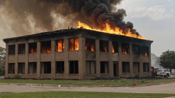 En bygning som har blitt skadet av brann, med røyk og flammer synlige.