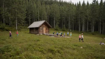 En gruppe barn på skoletur i norsk natur, hvor de bor på et trehytte og deltar i friluftsaktiviteter.