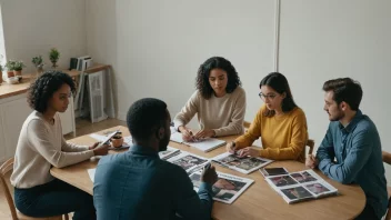 En gruppe mennesker som sitter rundt et bord og arbeider med et magasin