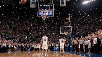 En basketballbane med en scoreboard som viser sluttresultatet, konfetti og ballonger i luften, og spillere som feirer i bakgrunnen.