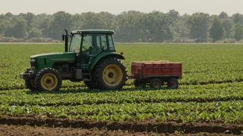 En person som arbeider i en åker med en traktor og vekster i bakgrunnen