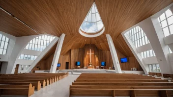 En moderne kirke med en unik arkitektonisk design, omgitt av et nyutviklet område.