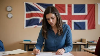 En lærer som graderer papirer med tall, symboliserer bruken av tallkarakterer i Norge.