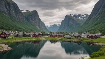 Et pittoreskt landsby i Norge med tradisjonelle hus og en storslagen natur.