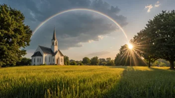 Et fredelig landskap med en kirke i bakgrunnen, omgitt av en halo av lys, som symboliserer guddommelig velsignelse og beskyttelse.