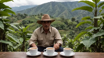 En naturskjønn utsikt over en colombiansk kaffefarm med en bonde i bakgrunnen.