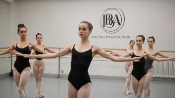 En gruppe ballettdansere i et studio, med en logo fra en ballettforening i bakgrunnen.