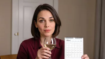 En person holder et glass vin med en nølende uttrykk, med en kalender eller planner i bakgrunnen med bare noen få spesielle anledninger merket.