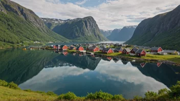 Et pittoreskt landsby i Norge med tradisjonelle hus og en fredelig atmosfære.