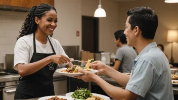 En person serverer mat til en annen person, med et smil og en vennlig atmosfære.