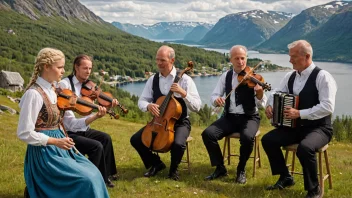 En tradisjonell norsk folkemusikkgruppe spiller instrumenter i et naturskjønt landskap.