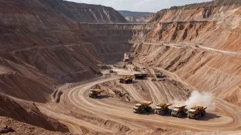 En stor, dagbruddsgruve med tungt maskineri og lastebiler som utvinner mineraler fra jorden.