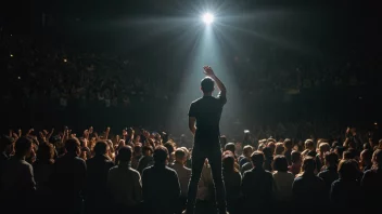 En person som fremfører på scenen med et spotlight som skinner ned på dem, omgitt av en folkemengde som ser på i beundring.