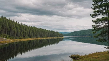 Et pittoreskt landskap i Sverige med en fredelig innsjø, frodig skog og majestetiske fjell.