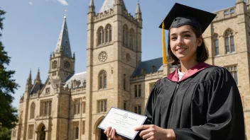 En person i en akademisk drakt holder et diplom med en universitetsbygning i bakgrunnen, symboliserer akademisk prestasjon