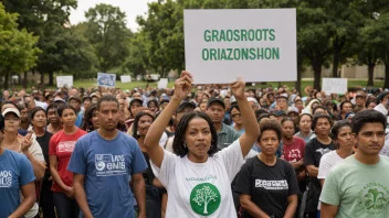 En person som holder et skilt med en grasrotorganisasjons logo, med en gruppe mennesker i bakgrunnen, som representerer grasrotbevegelsen.