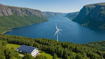 En naturskjønn utsikt over en norsk fjord med fornybare energikilder