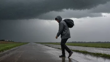 En person som prøver å gå i kraftig regn og sterk vind, med en grå og skyet himmel i bakgrunnen.