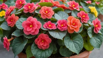 En begonia plante med grønne blader og rosa blomster.