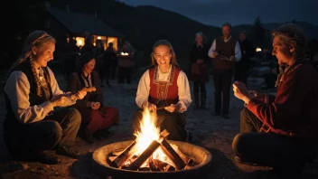 En gruppe mennesker feirer olsokkveld, en tradisjonell norsk kveld fylt med musikk, dans og varme.