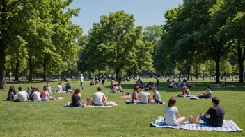 En levende folkepark fylt med mennesker som nyter utendørsaktiviteter.