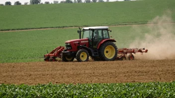 Et bilde av en bonde som arbeider i en åker med en traktor og husdyr i bakgrunnen.