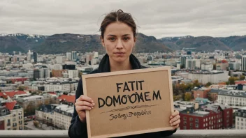 En person som holder et skilt med teksten 'Fattigdomsproblem' på norsk, med en by i bakgrunnen.