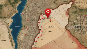 Et kart over Syria med en rød nål som markerer en spesifik beliggenhet, omgitt av tradisjonell syrisk arkitektur og mennesker kledd i tradisjonelle klær.