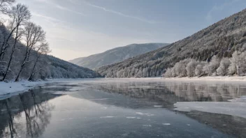 Et fredelig vinterlandskap med en frossen innsjø eller elv, som viser en glatt og jevn isoverflate, perfekt for å gå på skøyter eller andre vinteraktiviteter.