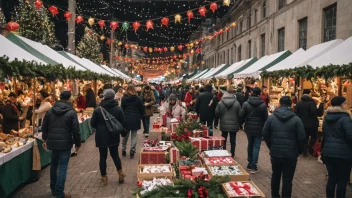 En julemarked med mennesker som handler etter julegaver og dekorasjoner.