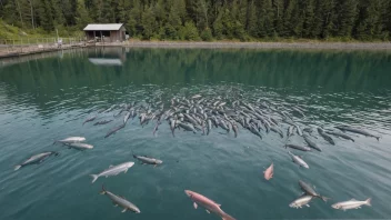 En fiskeoppdrett med laks som svømmer i vannet.