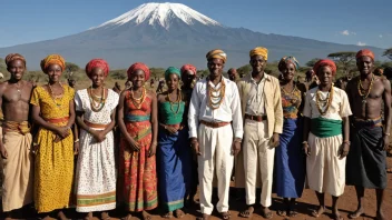 Et fargerikt bilde av tanzanianske mennesker i tradisjonelle klær, med en majestetisk bakgrunn av Mount Kilimanjaro