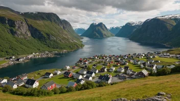 En malerisk landsby i Norge med tradisjonelle hus og en storslagen natur.