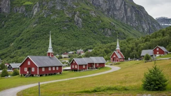 En pittoresk landsby i Norge med trehus og en kirke.