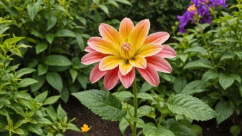 En vakker georgineblomst i en hage, omgitt av grønne blader og andre blomster.