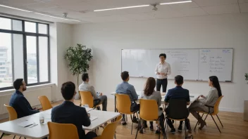 Et møterom med mennesker samlet rundt et bord, med en whiteboard i bakgrunnen.