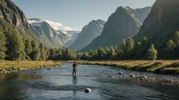 En fredelig scene av en person som fluefisker i en norsk elv omgitt av åndeløst landskap.