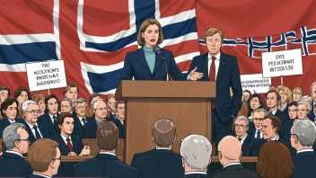 Et bilde som representerer innenrikspolitikk i Norge, med en politiker som taler til en folkemengde og mennesker som holder skilt med ulike politiske spørsmål.