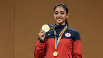 En person som står på topptrinnet av et podium, med en gullmedalje rundt halsen og en trofé i hånden, som symboliserer førsteplass.