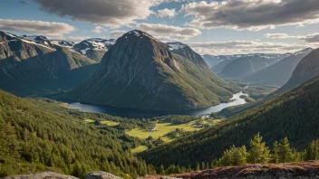 Et pittoreskt dal i Norge med fjell og skoger.