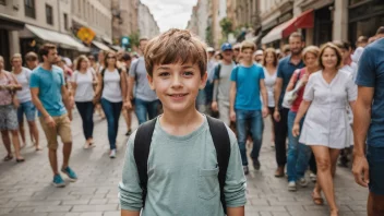 En ung gutt med et selvbevisst smil og en stilfull drakt, stående i sentrum av en gruppe mennesker som ser på ham med beundring.