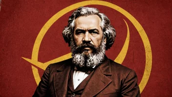 Et bilde som representerer marxisme, med Karl Marx i forgrunnen og en rød bakgrunn med hammer og sigd-symbol.