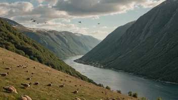 Et idyllisk landskap av en høyde eller bakke i Norge med gjess som flyr over.